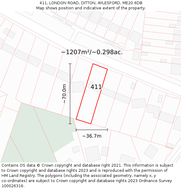 411, LONDON ROAD, DITTON, AYLESFORD, ME20 6DB: Plot and title map