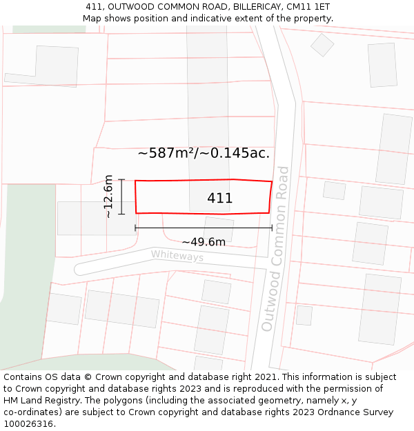 411, OUTWOOD COMMON ROAD, BILLERICAY, CM11 1ET: Plot and title map