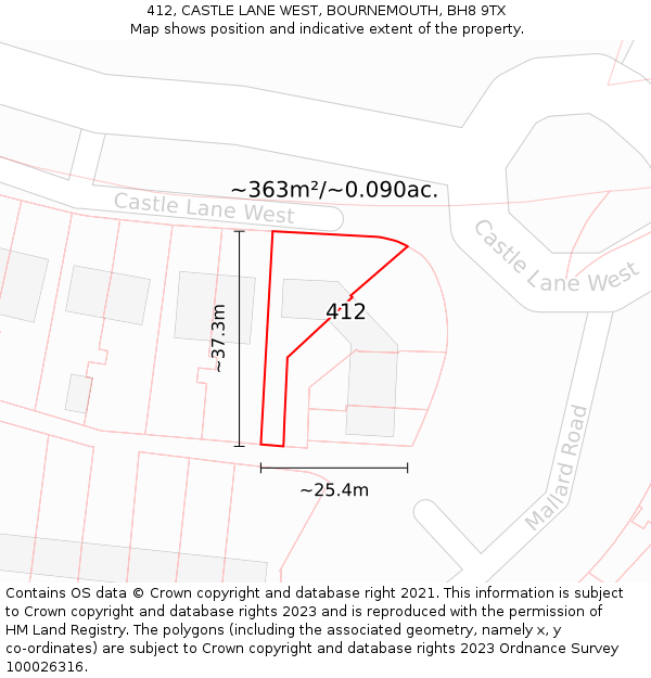412, CASTLE LANE WEST, BOURNEMOUTH, BH8 9TX: Plot and title map