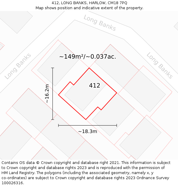412, LONG BANKS, HARLOW, CM18 7PQ: Plot and title map