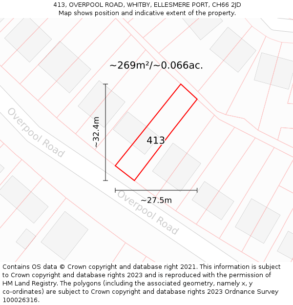 413, OVERPOOL ROAD, WHITBY, ELLESMERE PORT, CH66 2JD: Plot and title map