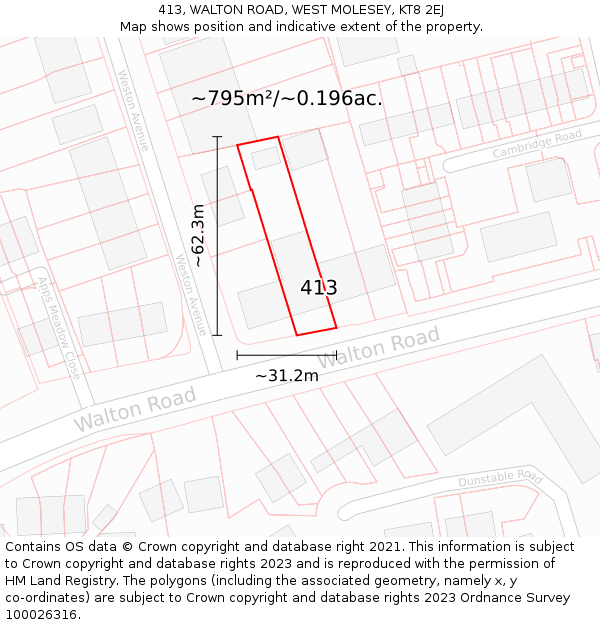 413, WALTON ROAD, WEST MOLESEY, KT8 2EJ: Plot and title map