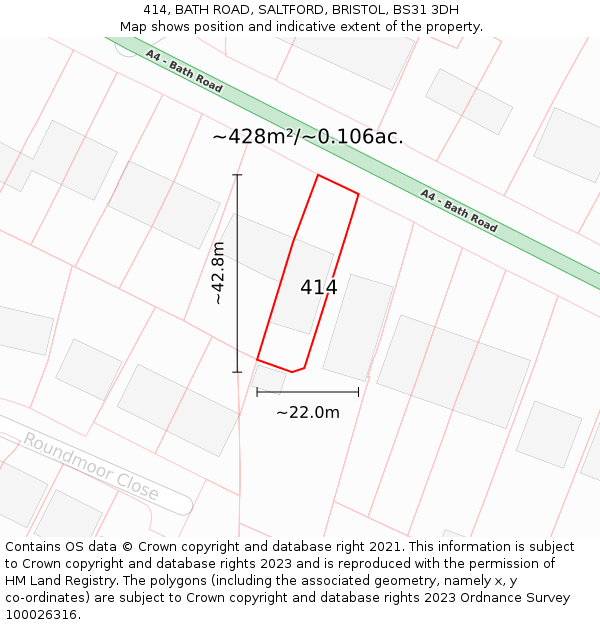 414, BATH ROAD, SALTFORD, BRISTOL, BS31 3DH: Plot and title map