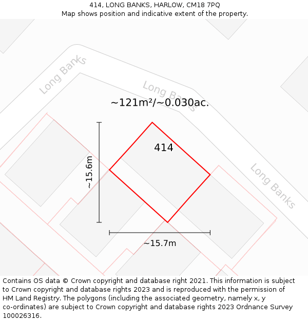 414, LONG BANKS, HARLOW, CM18 7PQ: Plot and title map