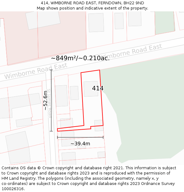 414, WIMBORNE ROAD EAST, FERNDOWN, BH22 9ND: Plot and title map