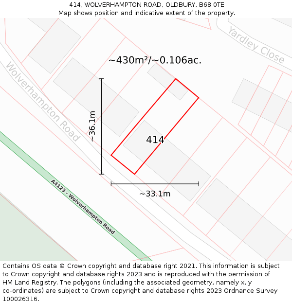 414, WOLVERHAMPTON ROAD, OLDBURY, B68 0TE: Plot and title map
