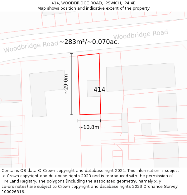 414, WOODBRIDGE ROAD, IPSWICH, IP4 4EJ: Plot and title map