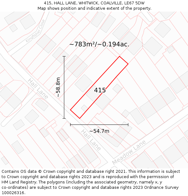415, HALL LANE, WHITWICK, COALVILLE, LE67 5DW: Plot and title map
