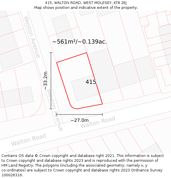 415, WALTON ROAD, WEST MOLESEY, KT8 2EJ: Plot and title map