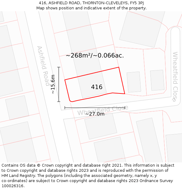 416, ASHFIELD ROAD, THORNTON-CLEVELEYS, FY5 3PJ: Plot and title map