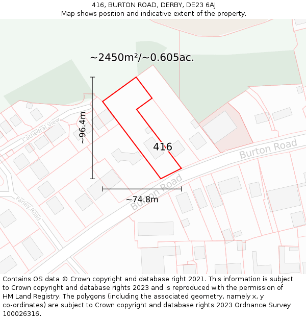 416, BURTON ROAD, DERBY, DE23 6AJ: Plot and title map