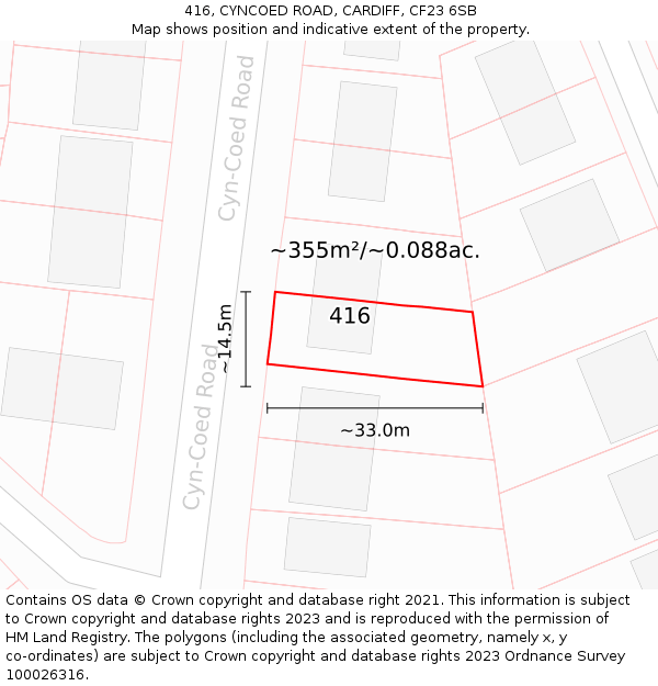 416, CYNCOED ROAD, CARDIFF, CF23 6SB: Plot and title map