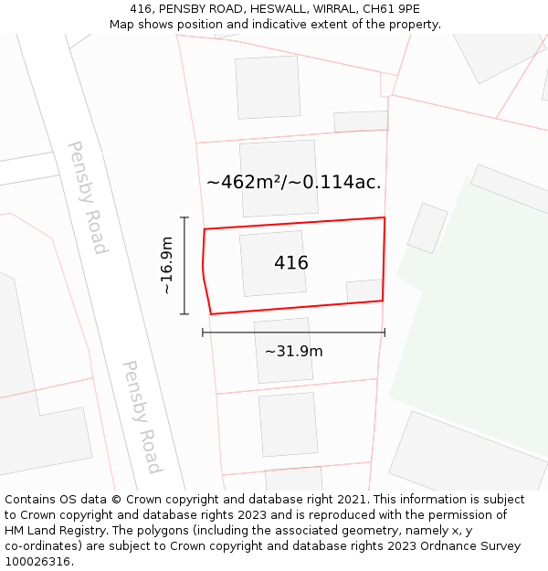 416, PENSBY ROAD, HESWALL, WIRRAL, CH61 9PE: Plot and title map