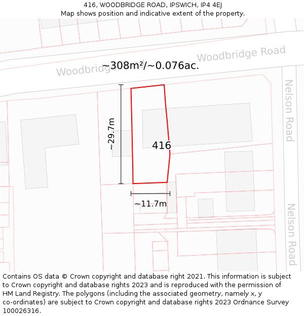 416, WOODBRIDGE ROAD, IPSWICH, IP4 4EJ: Plot and title map