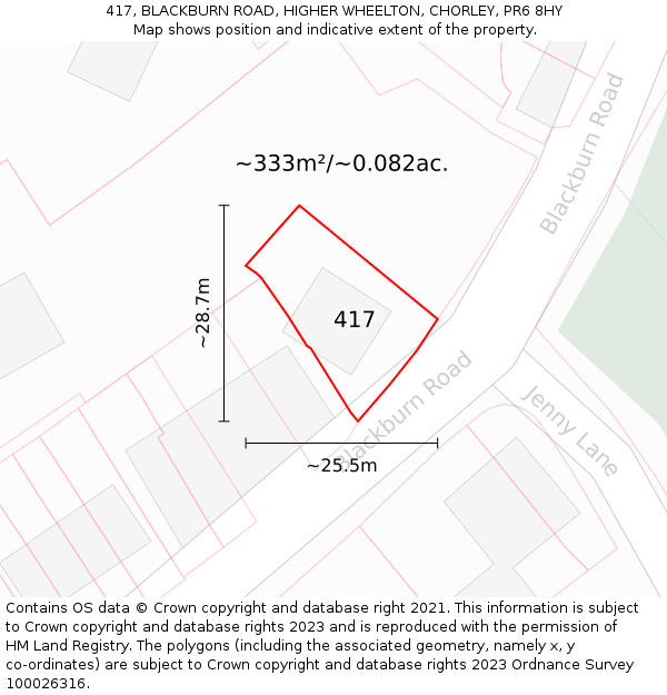 417, BLACKBURN ROAD, HIGHER WHEELTON, CHORLEY, PR6 8HY: Plot and title map