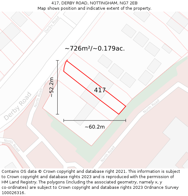 417, DERBY ROAD, NOTTINGHAM, NG7 2EB: Plot and title map
