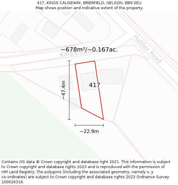 417, KINGS CAUSEWAY, BRIERFIELD, NELSON, BB9 0EU: Plot and title map