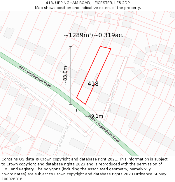 418, UPPINGHAM ROAD, LEICESTER, LE5 2DP: Plot and title map