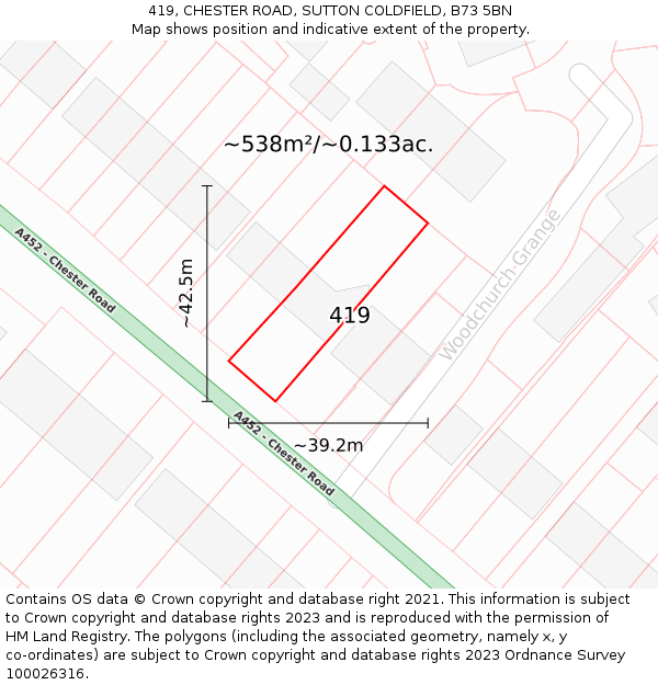 419, CHESTER ROAD, SUTTON COLDFIELD, B73 5BN: Plot and title map