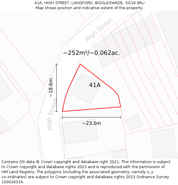 41A, HIGH STREET, LANGFORD, BIGGLESWADE, SG18 9RU: Plot and title map