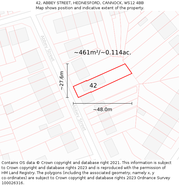 42, ABBEY STREET, HEDNESFORD, CANNOCK, WS12 4BB: Plot and title map