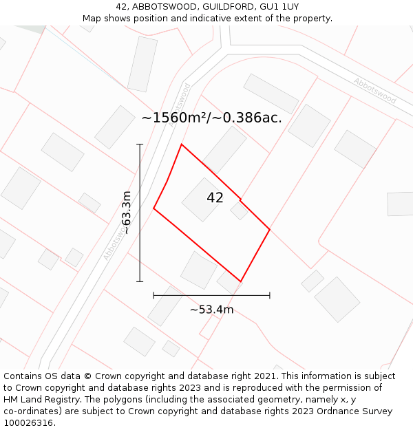 42, ABBOTSWOOD, GUILDFORD, GU1 1UY: Plot and title map
