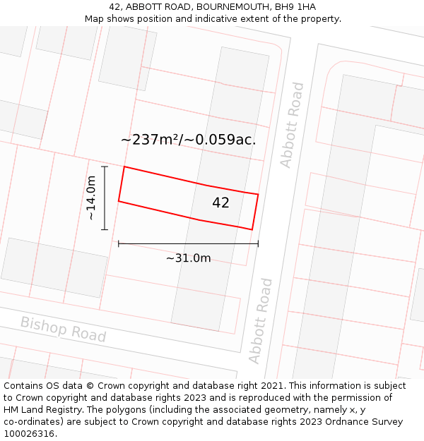 42, ABBOTT ROAD, BOURNEMOUTH, BH9 1HA: Plot and title map