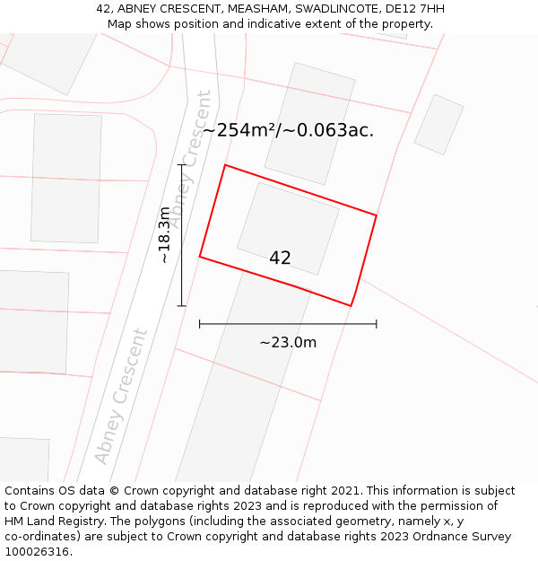 42, ABNEY CRESCENT, MEASHAM, SWADLINCOTE, DE12 7HH: Plot and title map