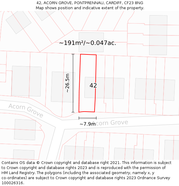 42, ACORN GROVE, PONTPRENNAU, CARDIFF, CF23 8NG: Plot and title map