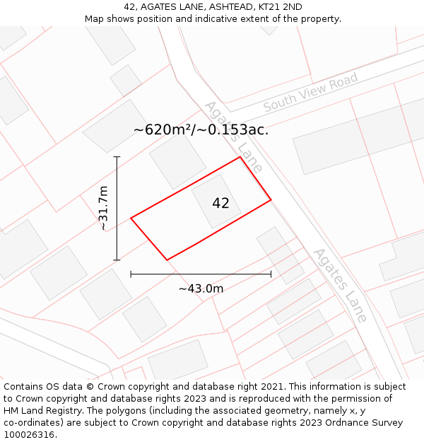 42, AGATES LANE, ASHTEAD, KT21 2ND: Plot and title map
