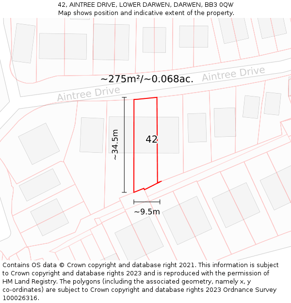42, AINTREE DRIVE, LOWER DARWEN, DARWEN, BB3 0QW: Plot and title map