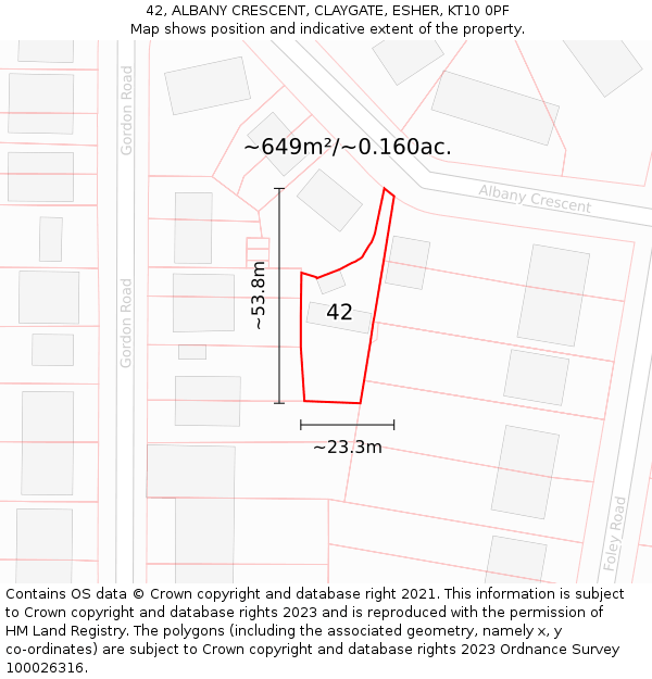 42, ALBANY CRESCENT, CLAYGATE, ESHER, KT10 0PF: Plot and title map