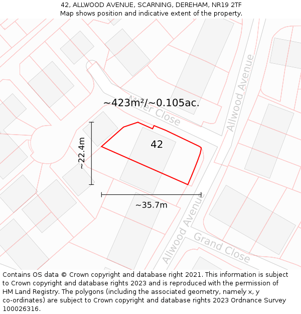 42, ALLWOOD AVENUE, SCARNING, DEREHAM, NR19 2TF: Plot and title map