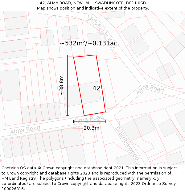 42, ALMA ROAD, NEWHALL, SWADLINCOTE, DE11 0SD: Plot and title map