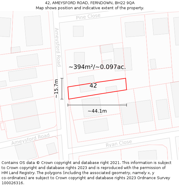 42, AMEYSFORD ROAD, FERNDOWN, BH22 9QA: Plot and title map