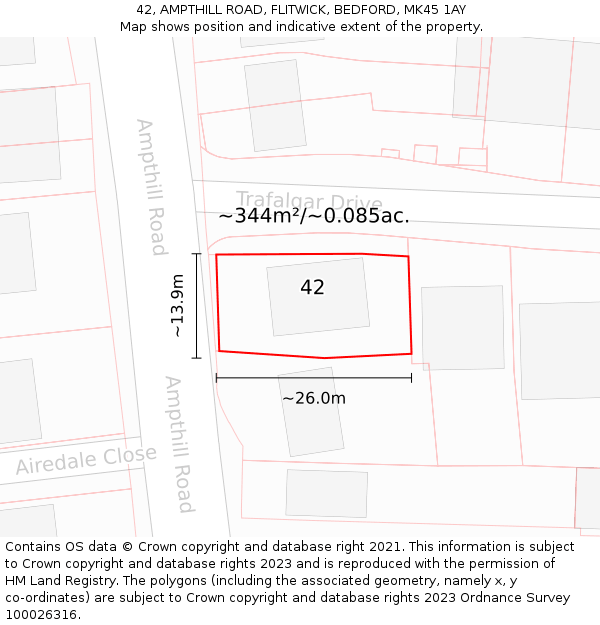 42, AMPTHILL ROAD, FLITWICK, BEDFORD, MK45 1AY: Plot and title map