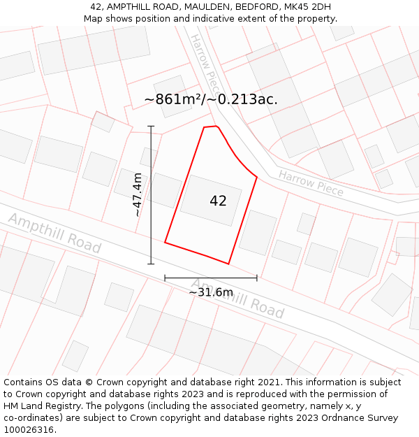 42, AMPTHILL ROAD, MAULDEN, BEDFORD, MK45 2DH: Plot and title map