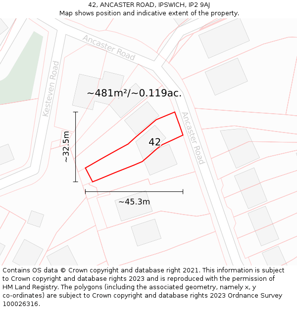 42, ANCASTER ROAD, IPSWICH, IP2 9AJ: Plot and title map
