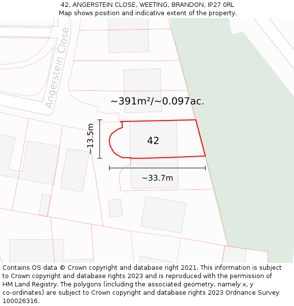 42, ANGERSTEIN CLOSE, WEETING, BRANDON, IP27 0RL: Plot and title map
