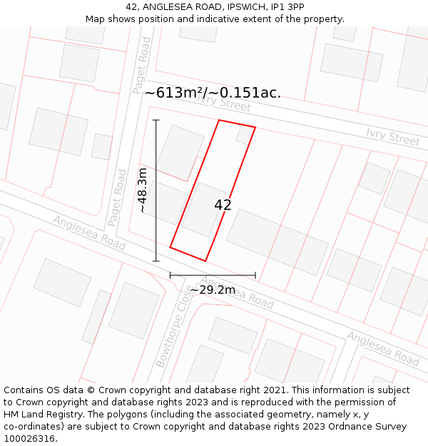 42, ANGLESEA ROAD, IPSWICH, IP1 3PP: Plot and title map