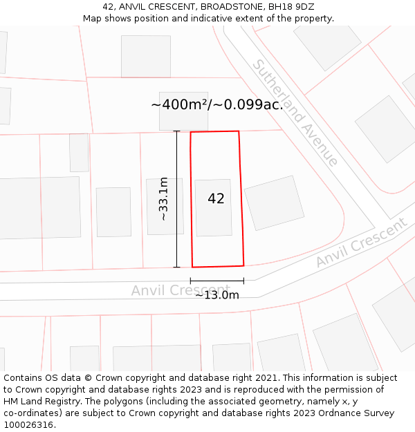 42, ANVIL CRESCENT, BROADSTONE, BH18 9DZ: Plot and title map