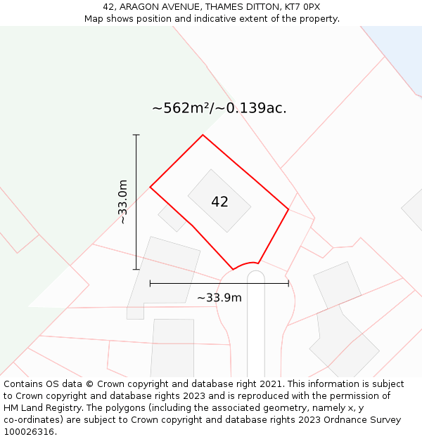 42, ARAGON AVENUE, THAMES DITTON, KT7 0PX: Plot and title map