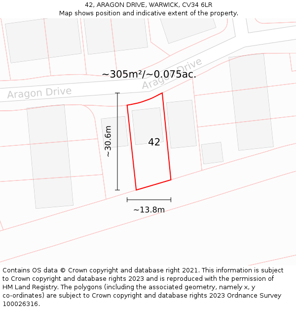 42, ARAGON DRIVE, WARWICK, CV34 6LR: Plot and title map