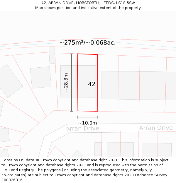 42, ARRAN DRIVE, HORSFORTH, LEEDS, LS18 5SW: Plot and title map