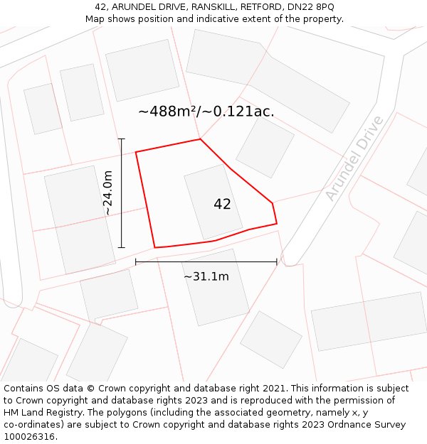 42, ARUNDEL DRIVE, RANSKILL, RETFORD, DN22 8PQ: Plot and title map