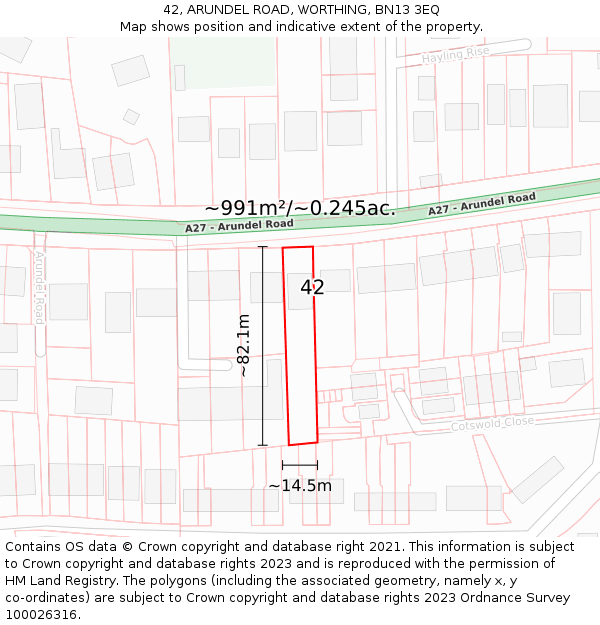42, ARUNDEL ROAD, WORTHING, BN13 3EQ: Plot and title map