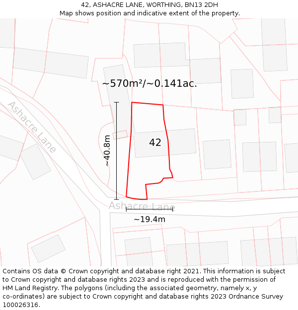 42, ASHACRE LANE, WORTHING, BN13 2DH: Plot and title map