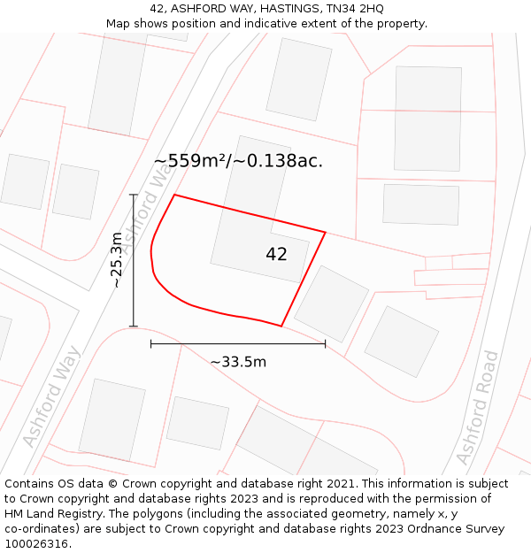 42, ASHFORD WAY, HASTINGS, TN34 2HQ: Plot and title map