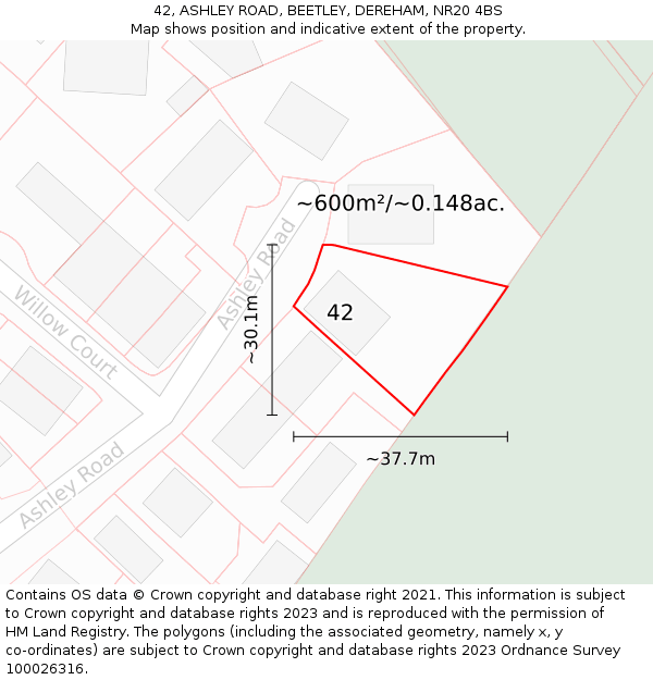 42, ASHLEY ROAD, BEETLEY, DEREHAM, NR20 4BS: Plot and title map