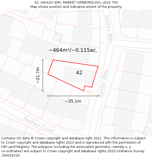 42, ASHLEY WAY, MARKET HARBOROUGH, LE16 7XD: Plot and title map